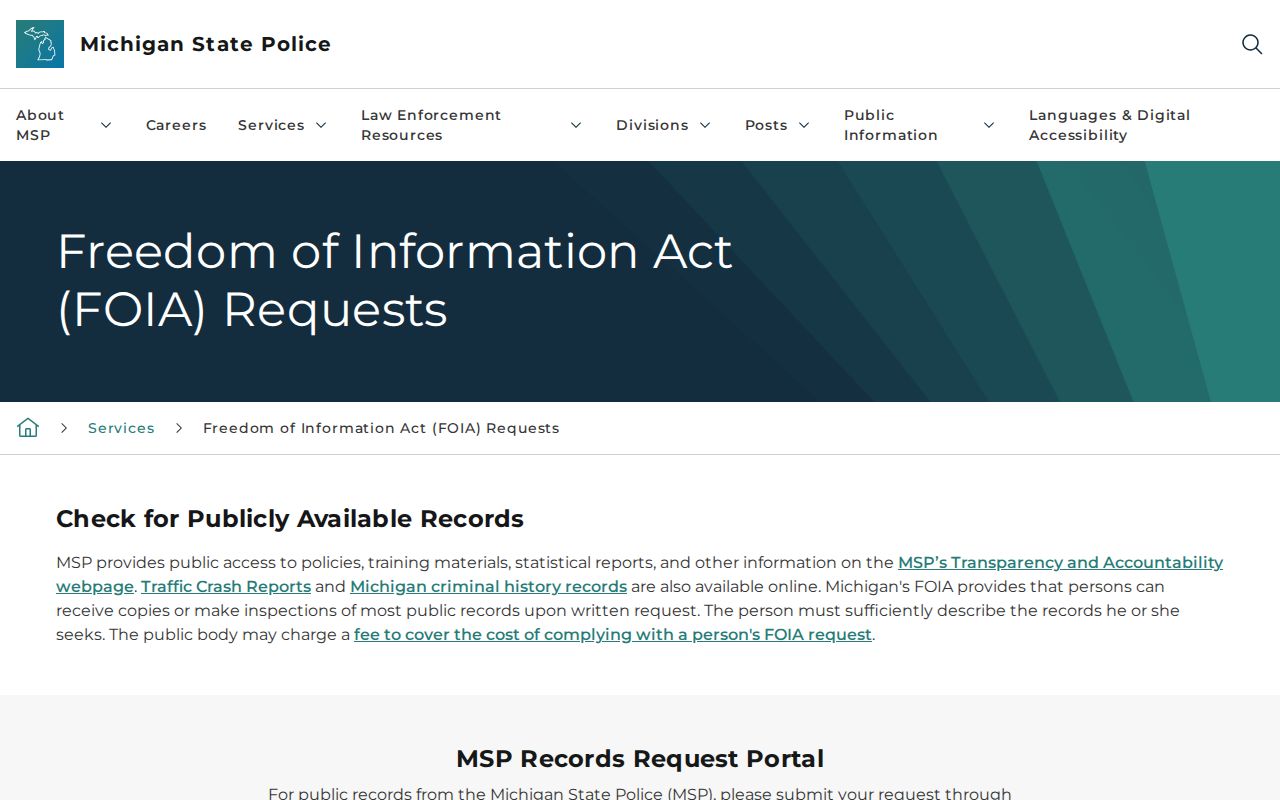 Marion criminal records request route through Michigan State Police FOIA